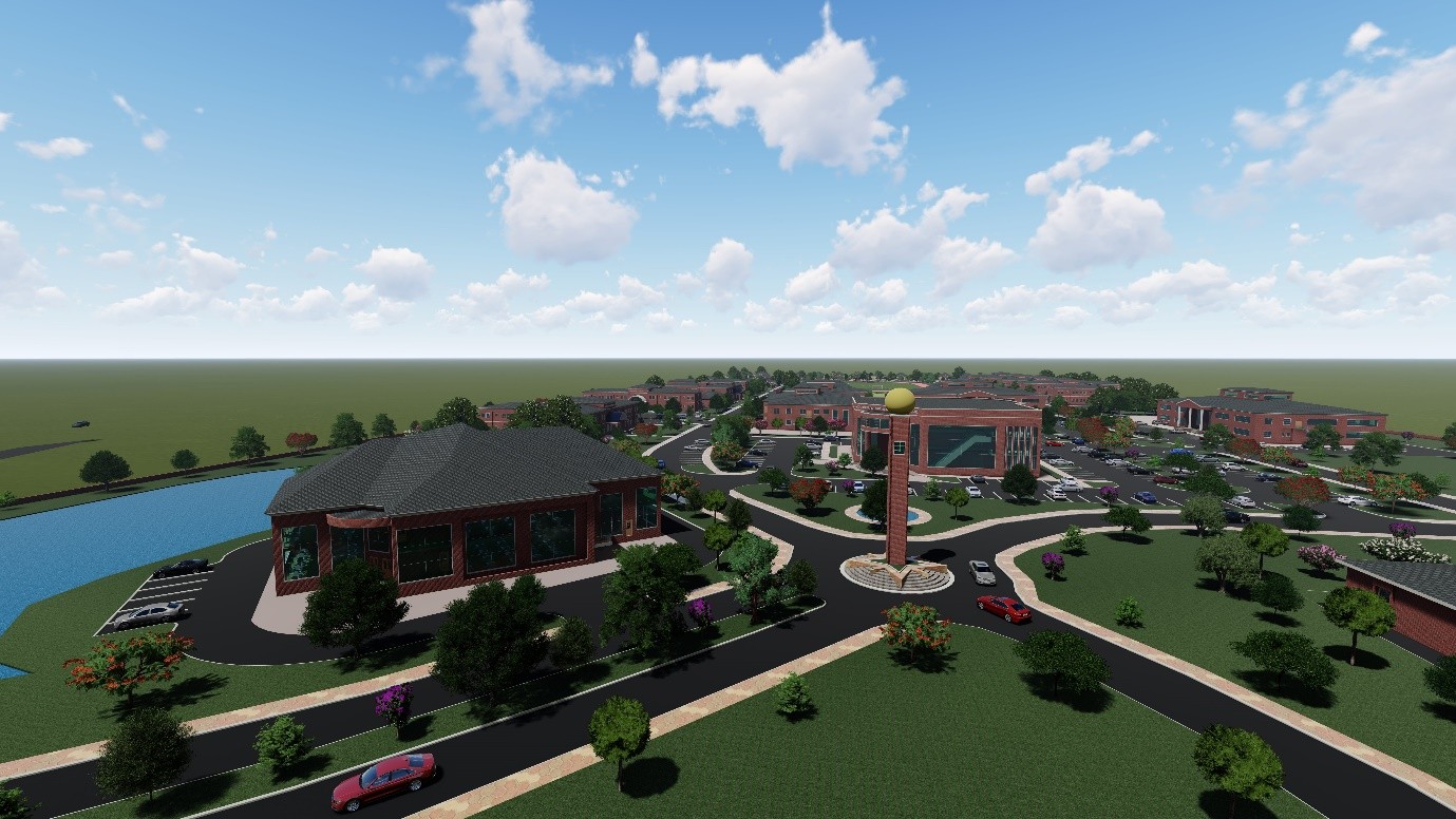 Rendered view of the campus centre with a monument feature at a road junction, administrative buildings, parking and a lake