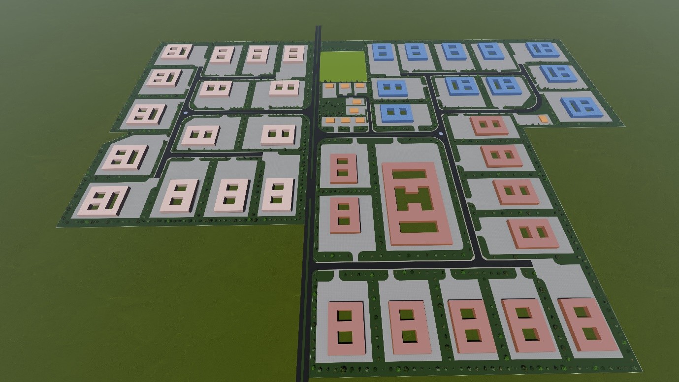 3D visualisation of the proposed industrial layout plan in Boise, Ada County, Idaho, showing building blocks, internal roads, parking and open space
