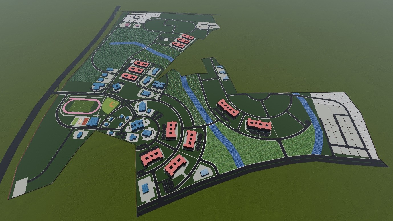 Three-dimensional massing model of the university master plan showing academic, residential and sports facilities, the road network, watercourses and parking areas