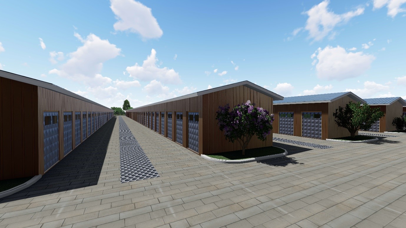 Three-dimensional rendering of a storage facility showing rows of storage units with roller doors, paved driveways, turning areas and planting