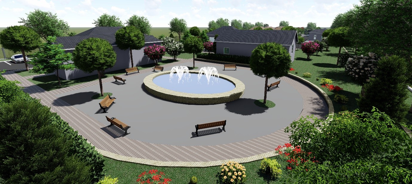 Rendered view of the central landscaped plaza with a circular water feature, paved surfaces, benches and tree planting