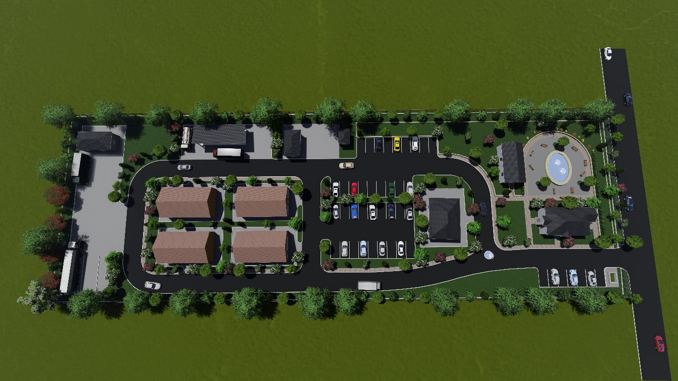 Aerial three-dimensional view of an industrial layout showing built units, internal access roads, parking bays, tree planting and a central landscaped area