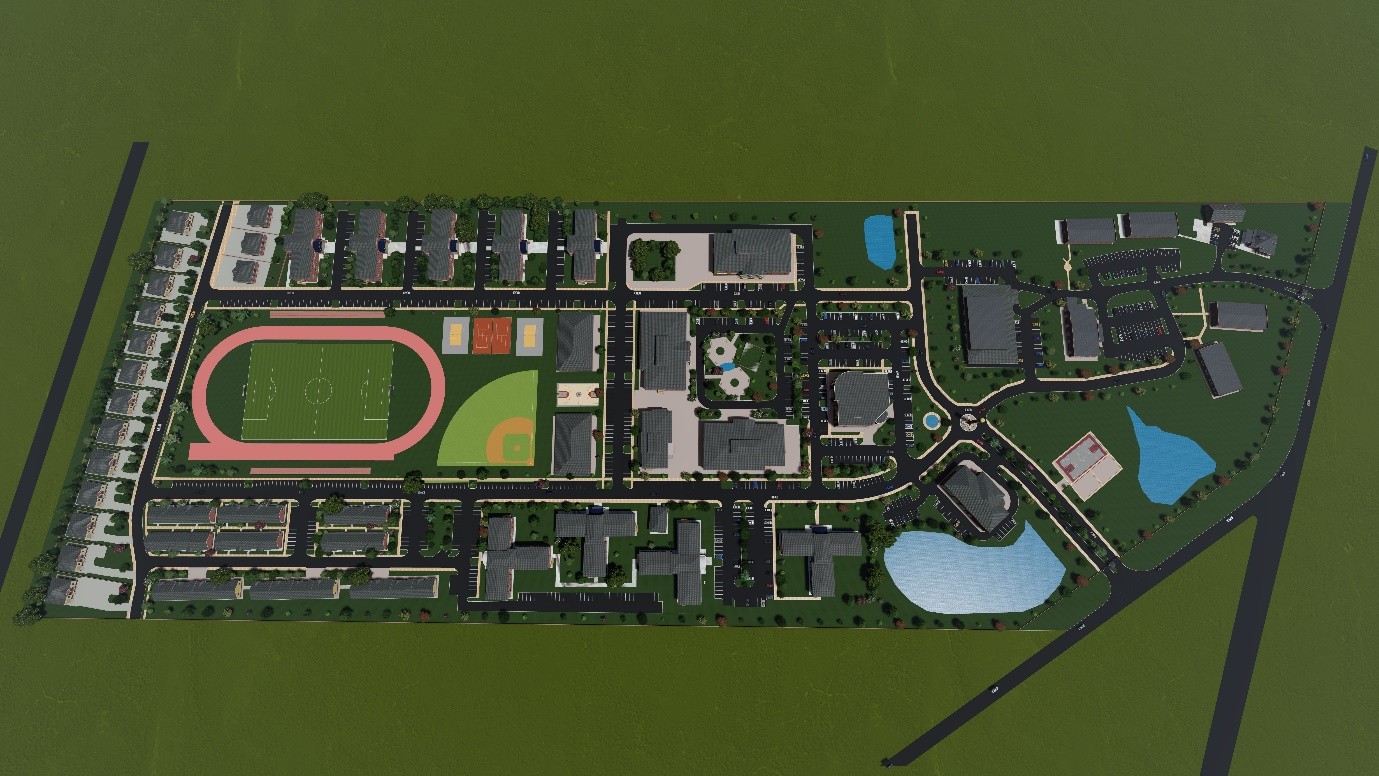 Three-dimensional rendering of the campus master plan showing academic, residential and athletic facilities, roads, parking and landscaped grounds