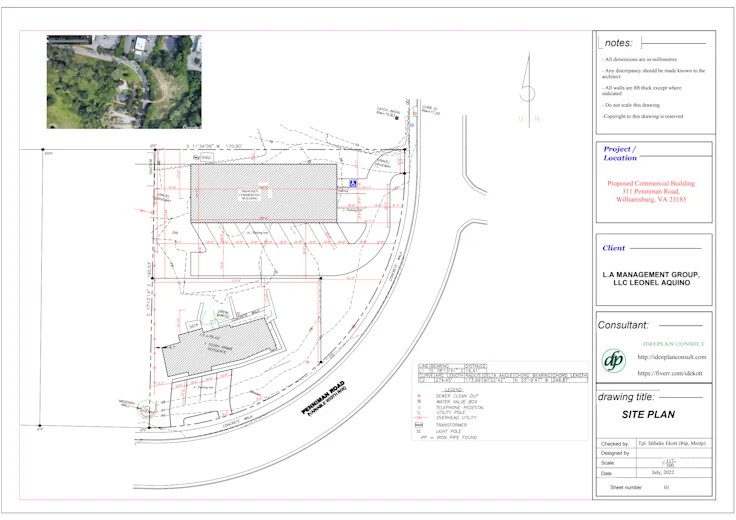 Dimensioned CAD site plan for a proposed commercial building on Penniman Road, showing the building footprint, parking, boundaries, utilities and a bearing and distance schedule