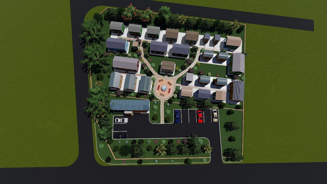 Three-dimensional aerial visualisation of the development showing individual units, footpaths, a central feature and parking bays