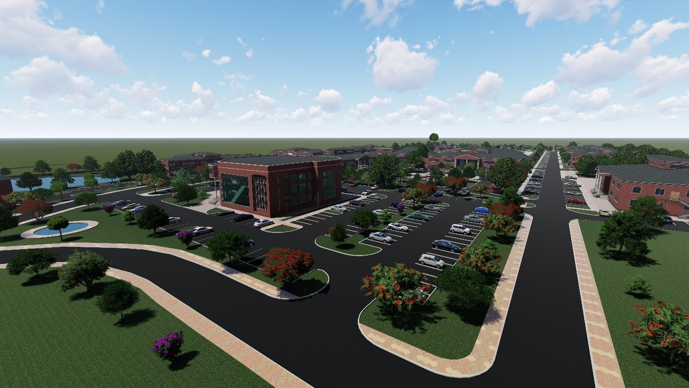 Rendered aerial view of the campus academic core showing a brick building, tree-lined avenue, parking courts and a lake to one side