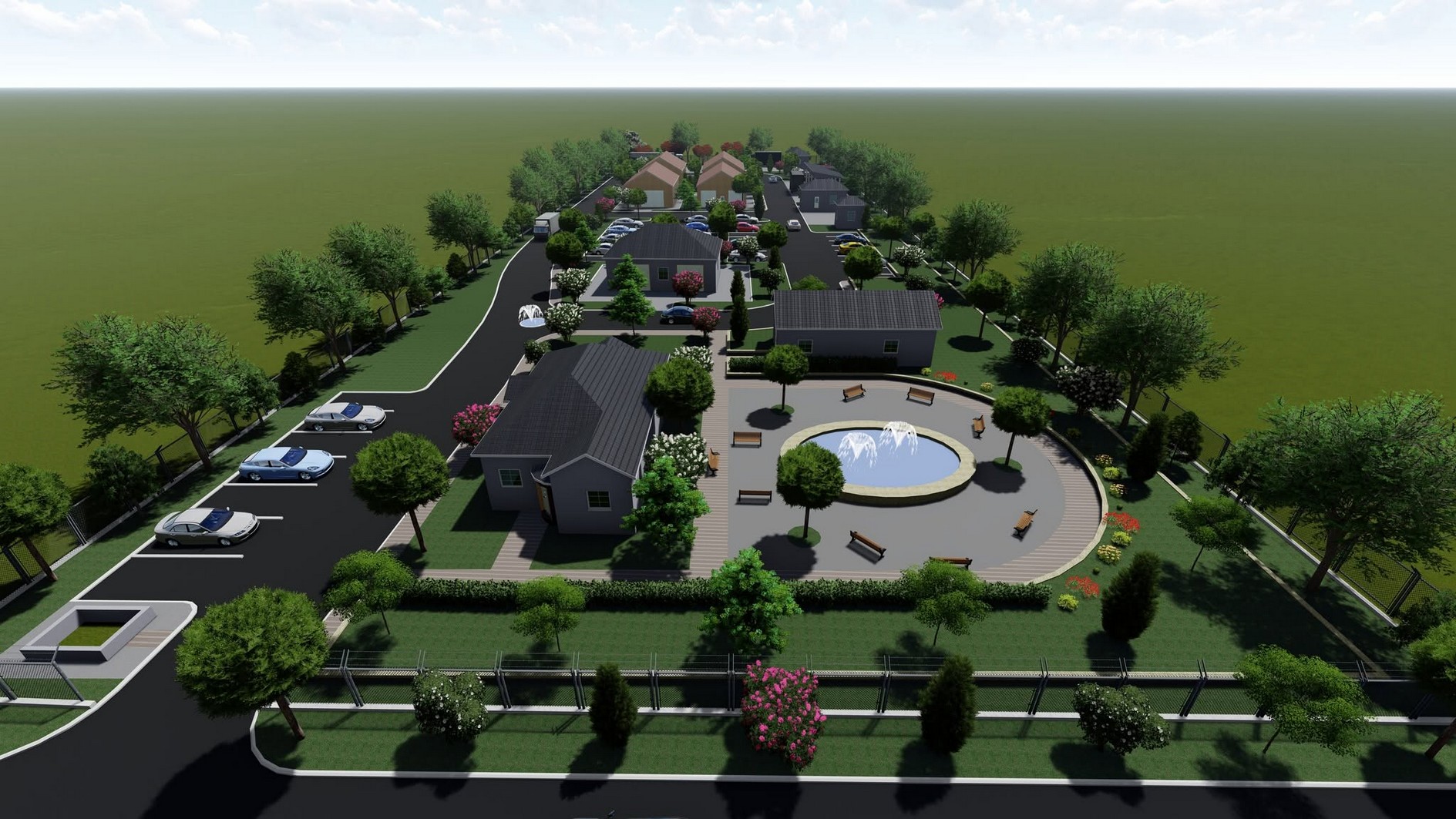 Three-dimensional perspective of the industrial layout showing units, parking, planting and the boundary treatment
