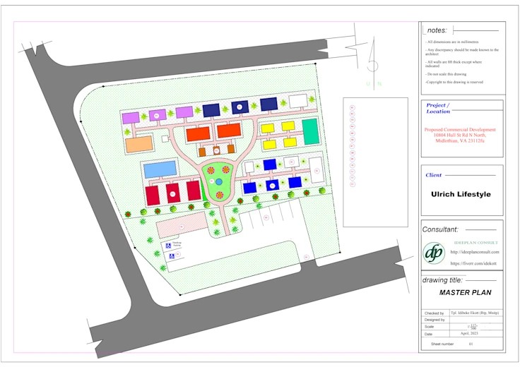 Colour master plan of a commercial development on Hull Street Road, showing units grouped around a central green with parking, internal roads and planting