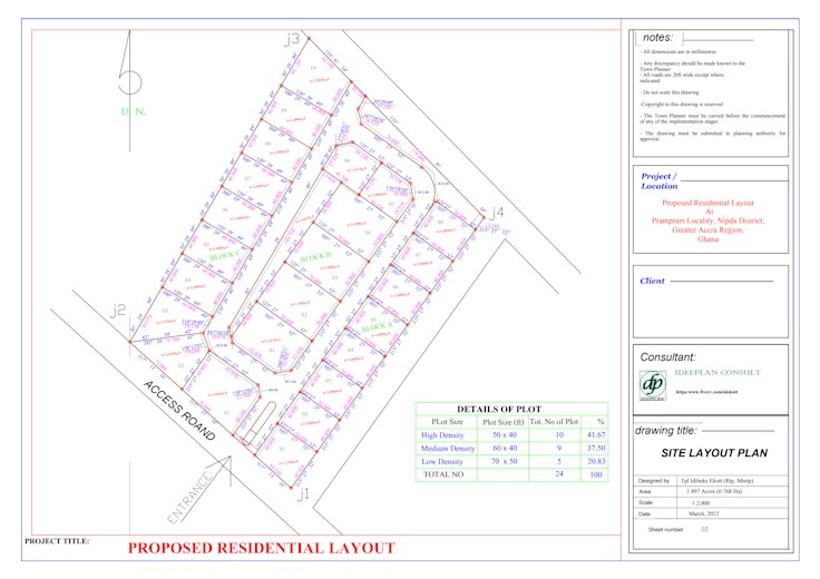 Residential subdivision layout plan for a site at Prampram, Ghana, showing three plot blocks, access and internal roads, an entrance and a plot schedule table