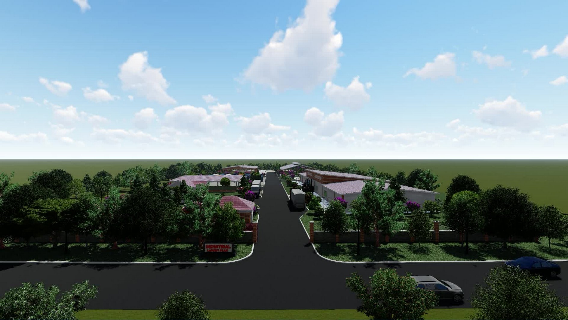 Three-dimensional visualisation of the industrial layout entrance, with the access road, gated entry, signage and warehouse units beyond