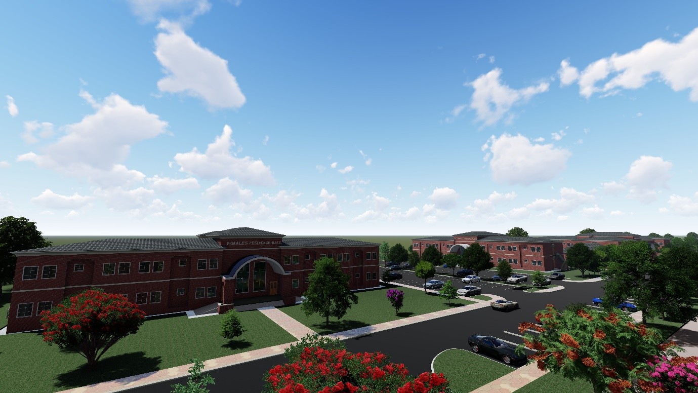 Rendered view of a two-storey brick residence hall on the campus, with footpaths, planting, parking and further campus buildings beyond