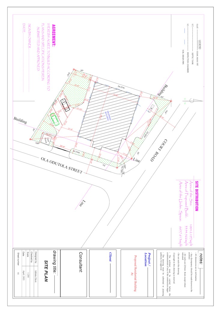 Dimensioned CAD site plan for a proposed residential building on a corner plot, showing setbacks, a gate house, parking, sanitary provision and a site area distribution schedule