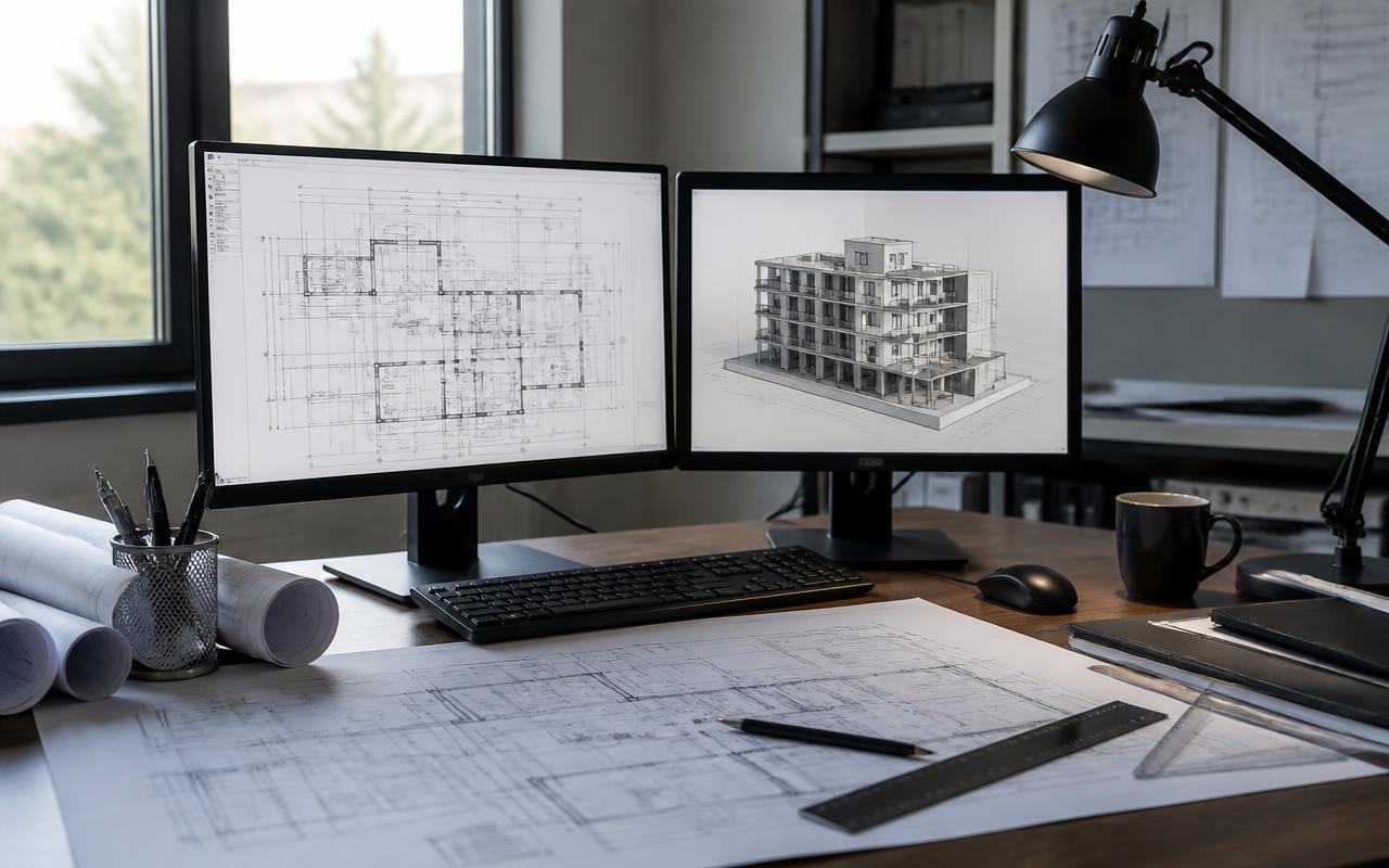 Technical documentation workstation with dual monitors showing CAD linework and a 3D building model beside printed drawing sets.