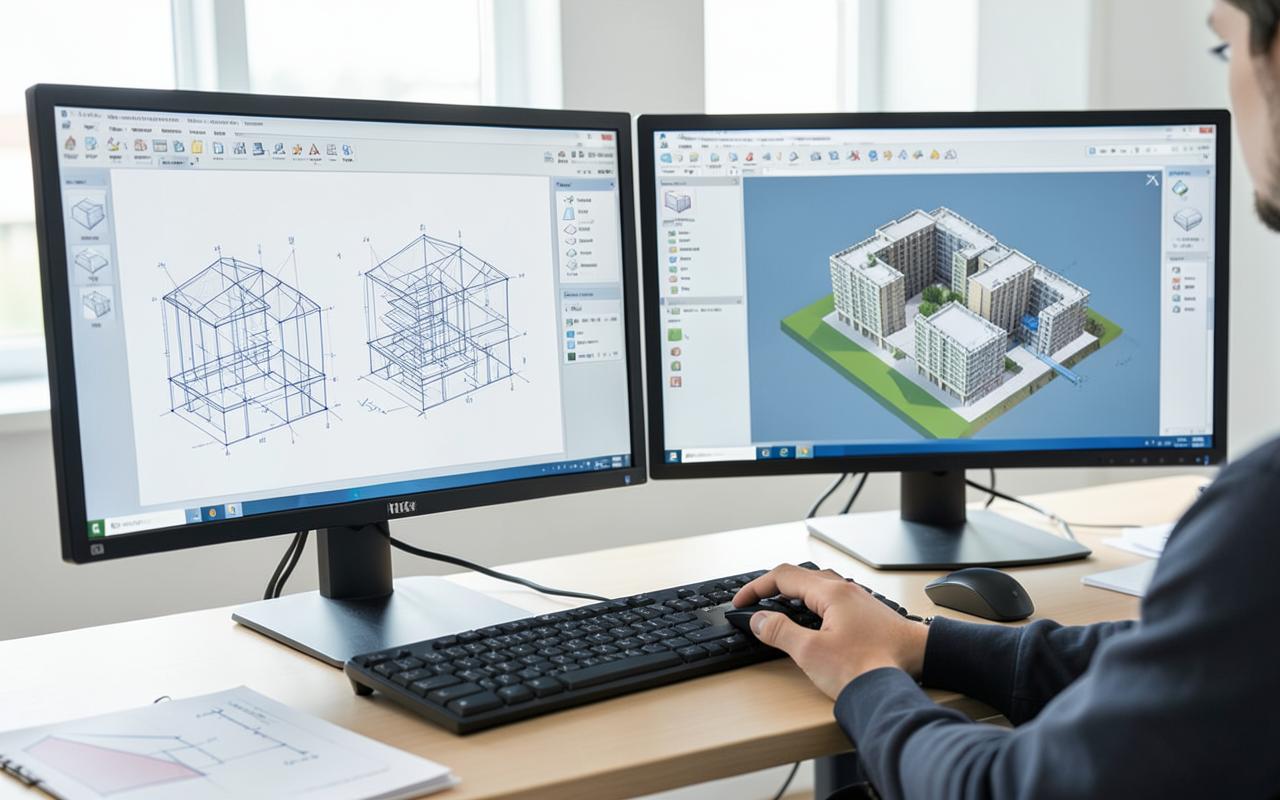 A training workstation with drawing sheets on one screen and a three-dimensional building model on the other