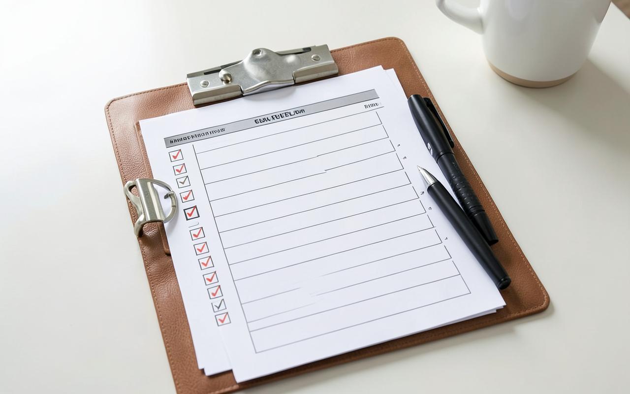 A printed professional checklist and template sheets held in a clip folder.