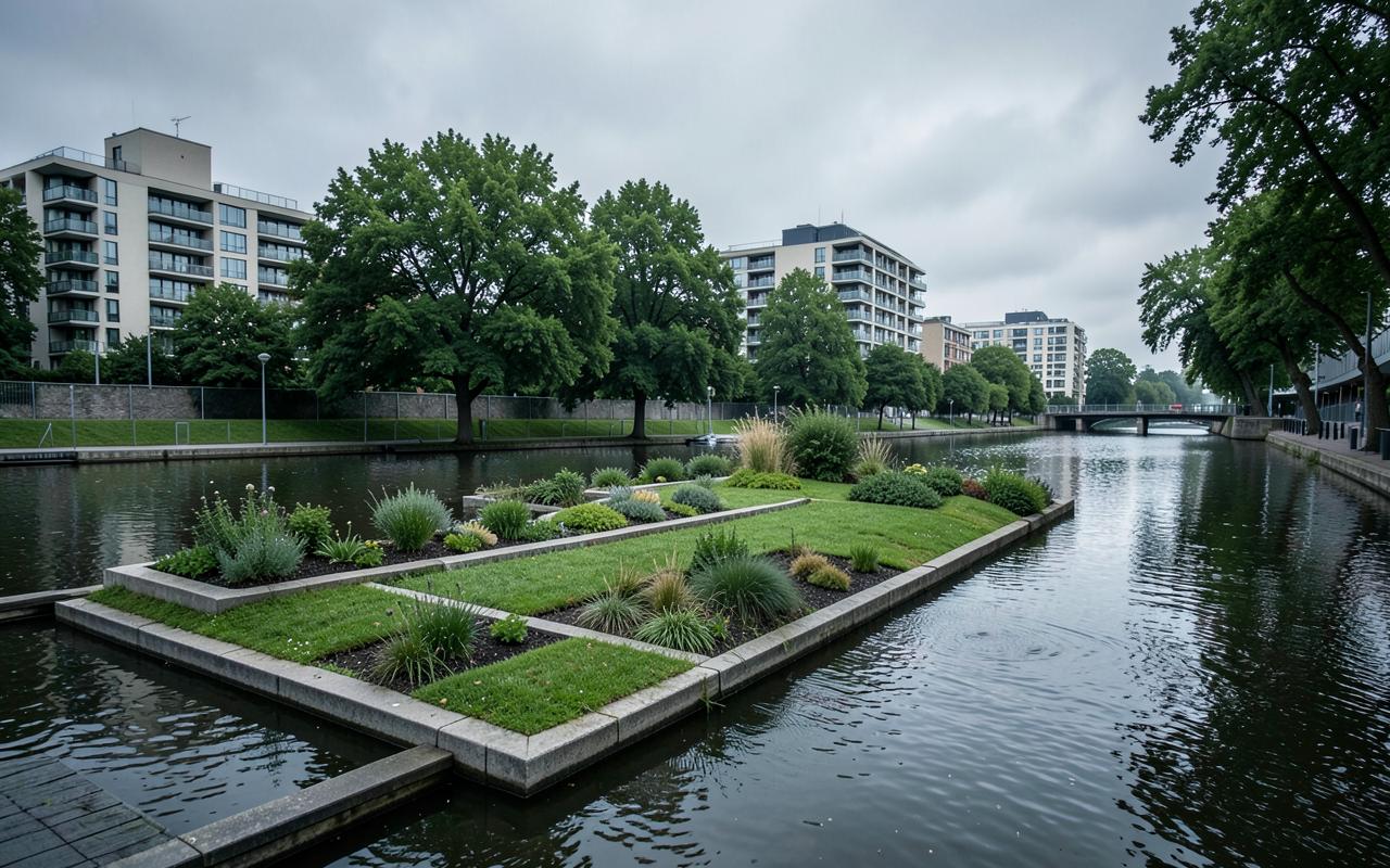 Urban riverside with landscaped flood-resilient terraces, planted swales and mature trees beside low-rise buildings.