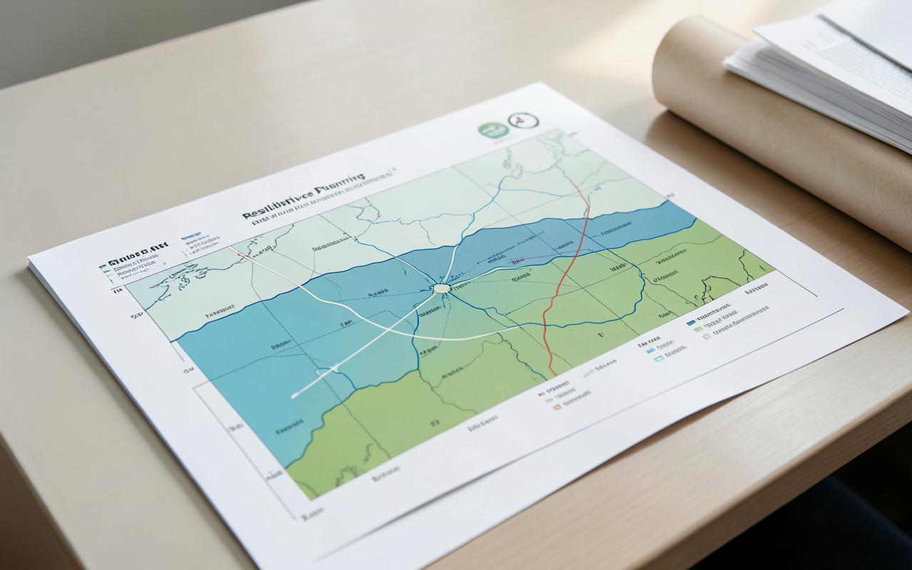 A printed drainage and flood-risk overlay map in green and blue tones.