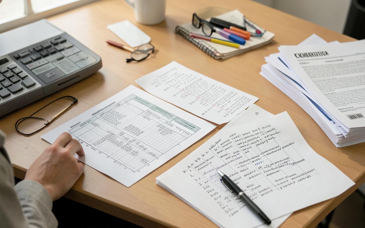 A research desk with survey data printouts, coded notes and reference documents.