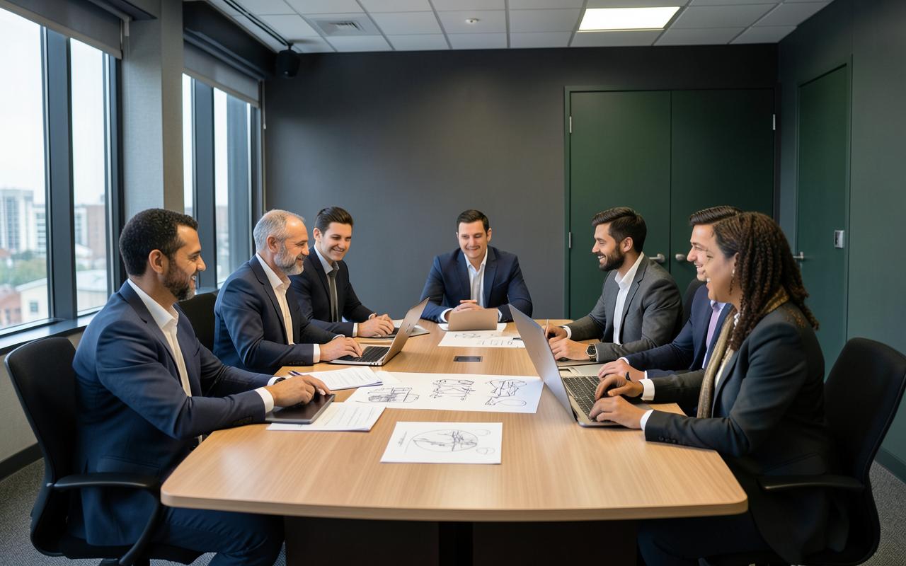 Multidisciplinary team meeting around a boardroom table with drawings and laptops in a calm office.
