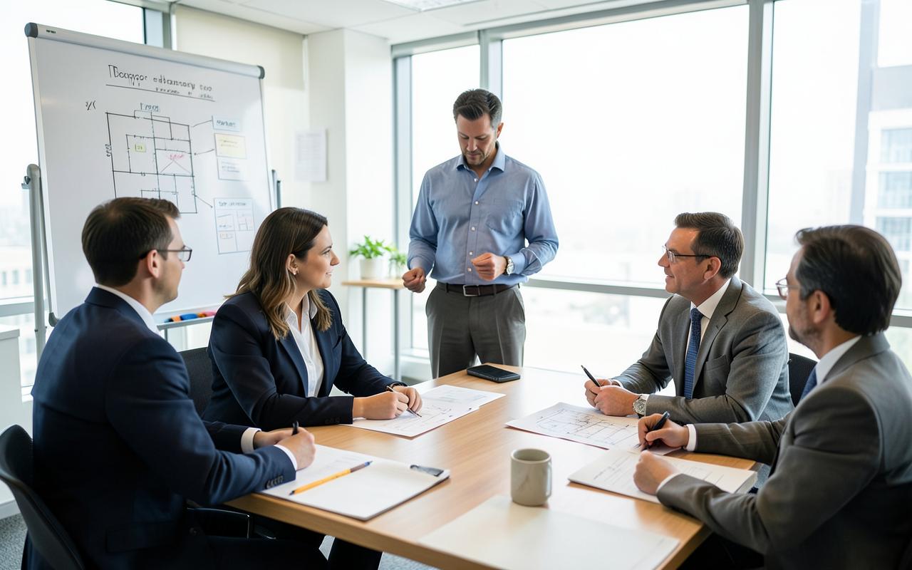 A facilitator leading an in-house workshop for a small professional team around a boardroom table