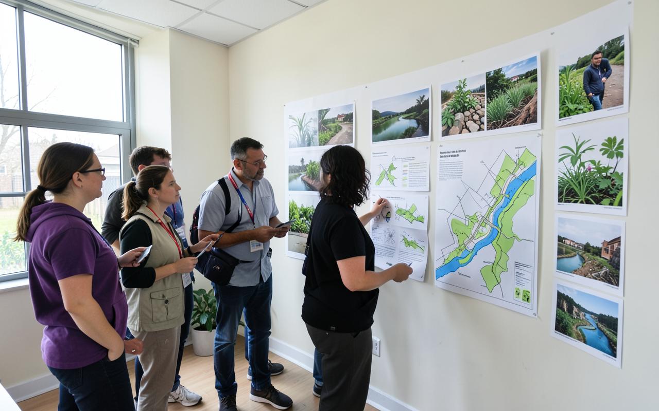 Participants reviewing green-blue infrastructure and flood overlay drawings pinned to a wall