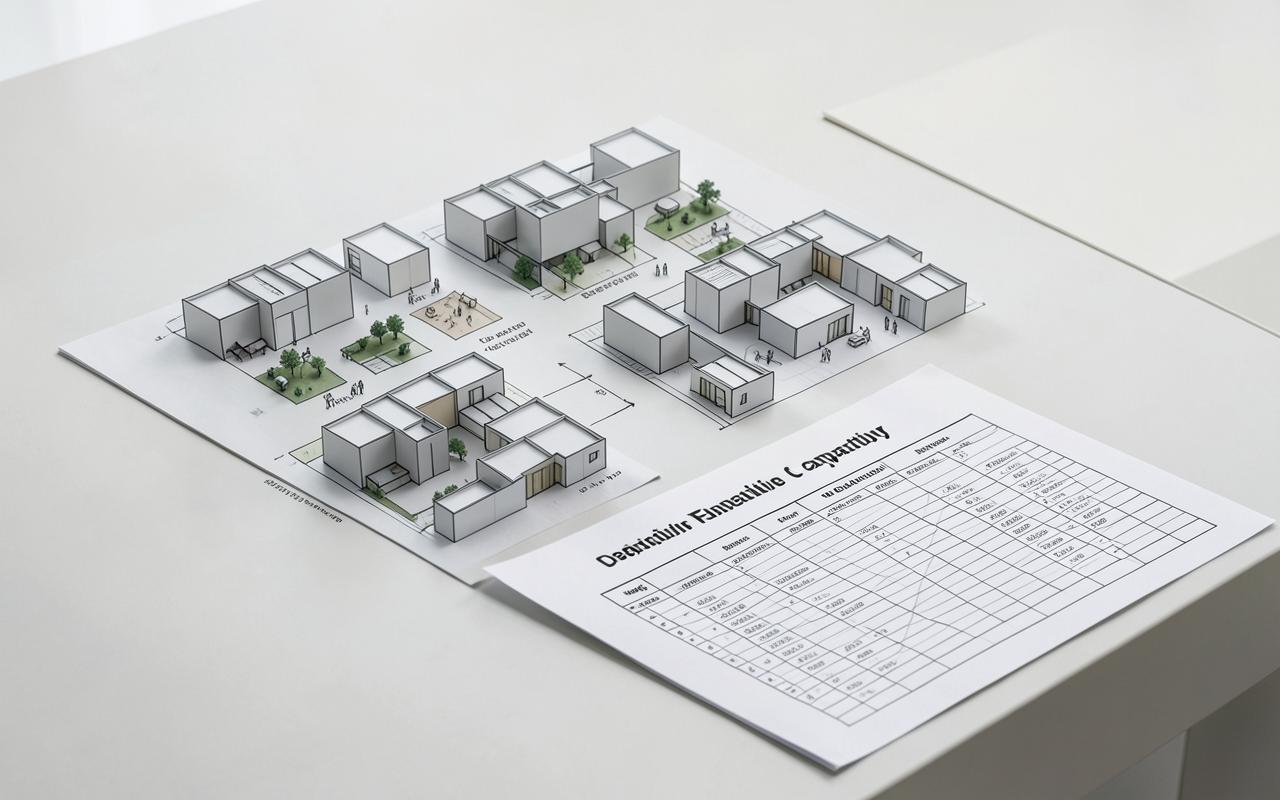 Block massing study models arranged beside a development capacity schedule.