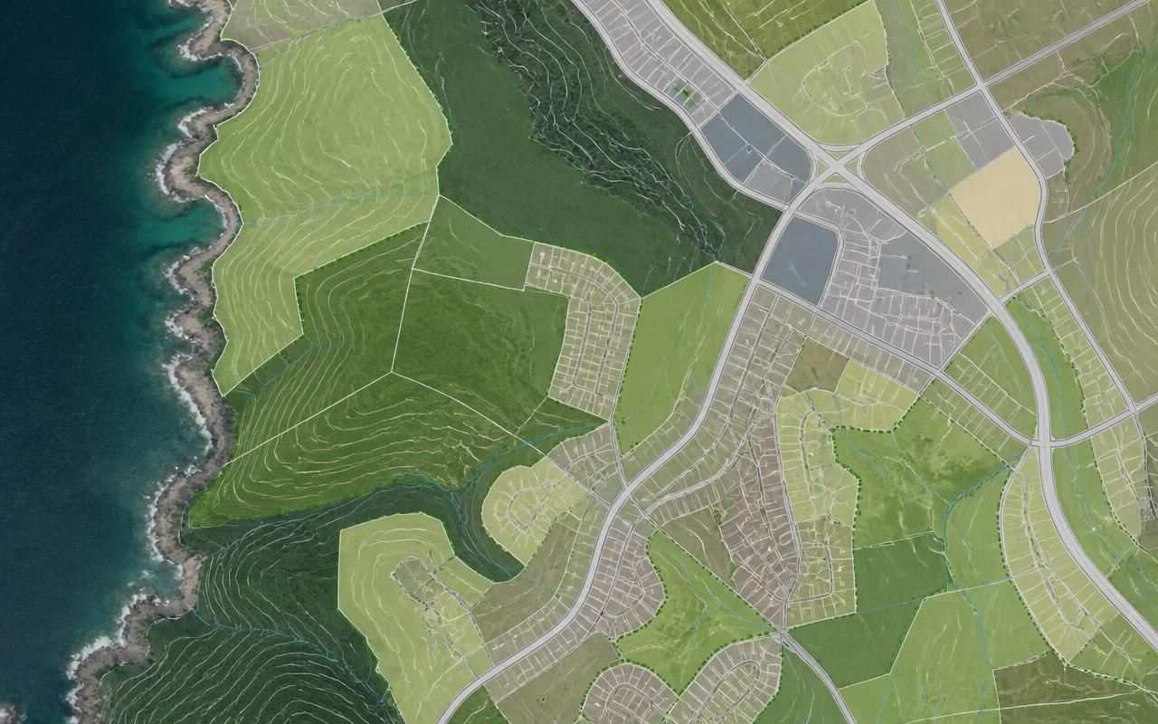 Professional GIS map showing land parcels, road networks, zoning bands, contours and a coastline over a satellite basemap.