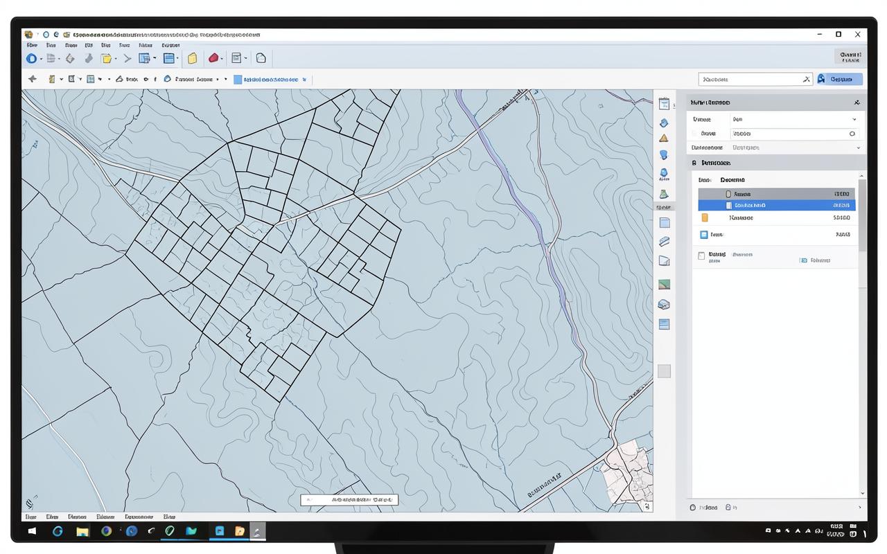 A GIS workspace on screen showing parcel, contour and attribute layers.