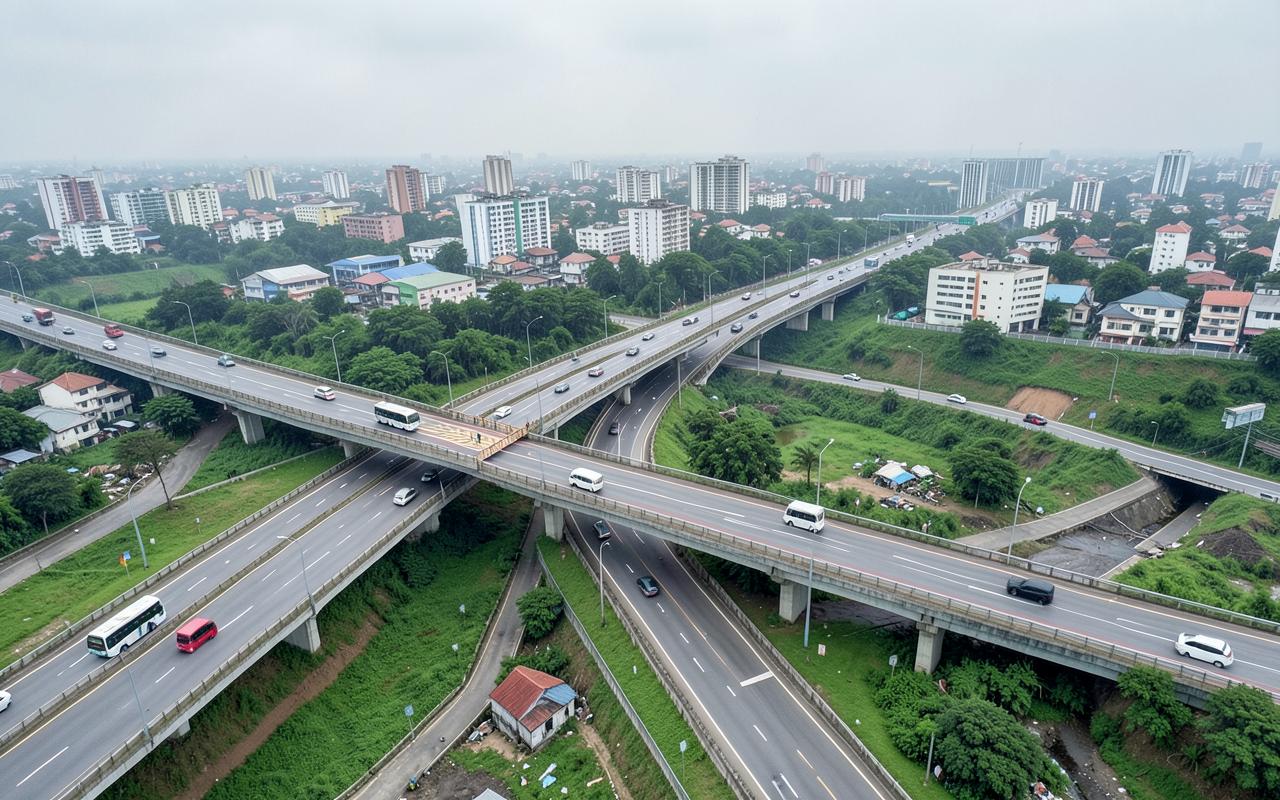 Elevated view of a highway interchange with a pedestrian bridge, bus traffic and green verges at the edge of a growing city.
