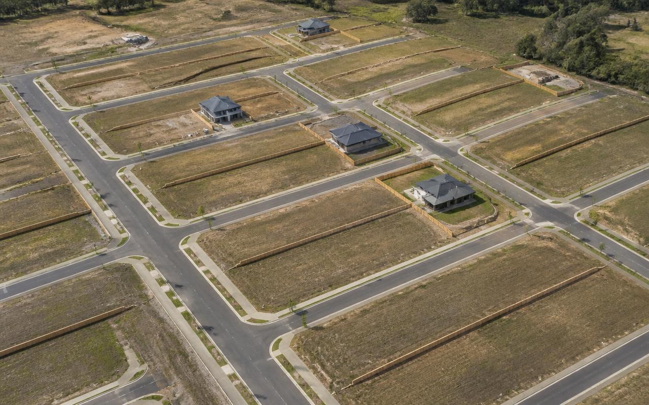 Aerial view of a newly subdivided residential layout with surveyed plots, kerbed access streets and a few completed houses.