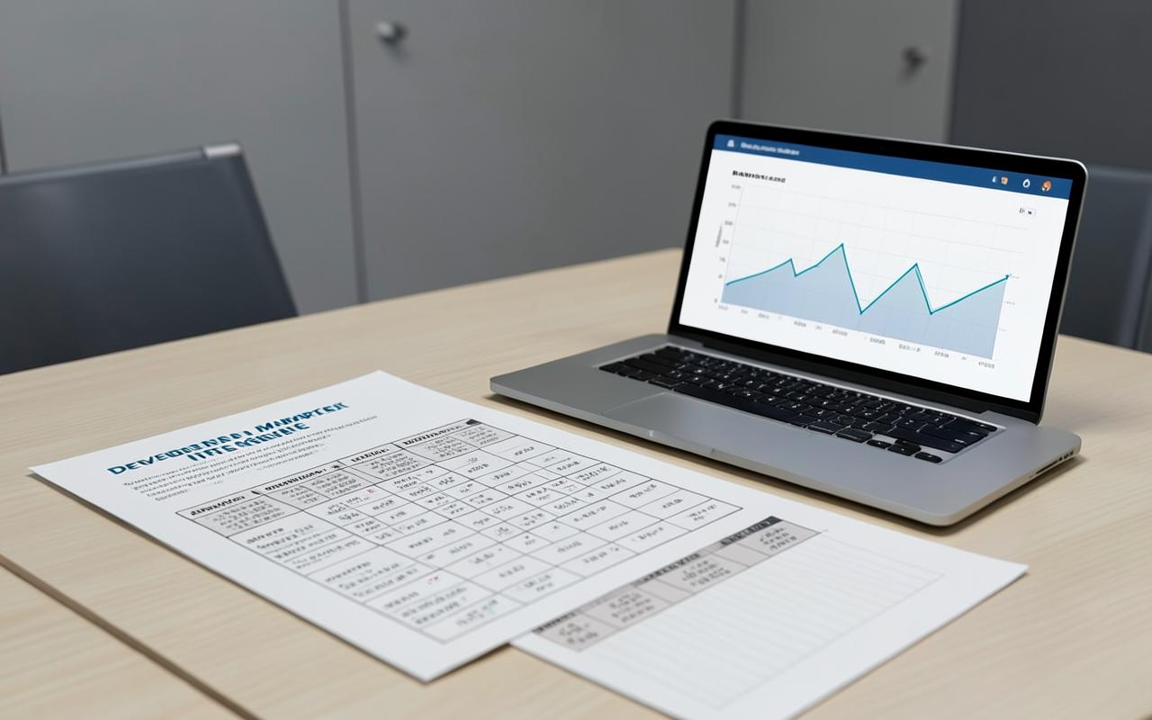 Printed development intelligence tables and charts beside a laptop showing trend graphs.