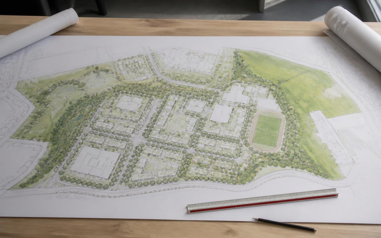 Large printed master plan drawing laid out on a studio table with a scale ruler and pencil in natural window light.