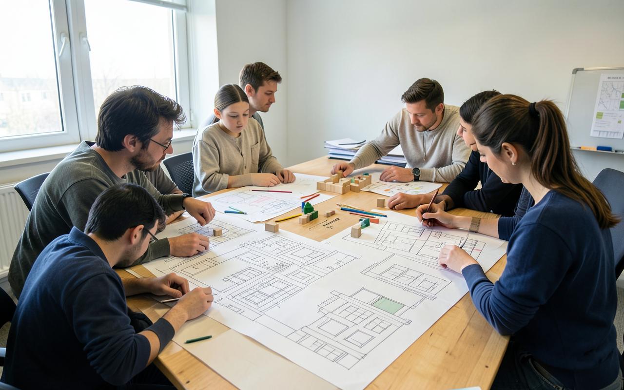 Participants in a studio session arranging block and street layout drawings on a large table