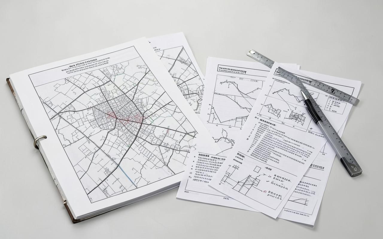 Bound planning report open beside printed maps, charts and annotated appendices
