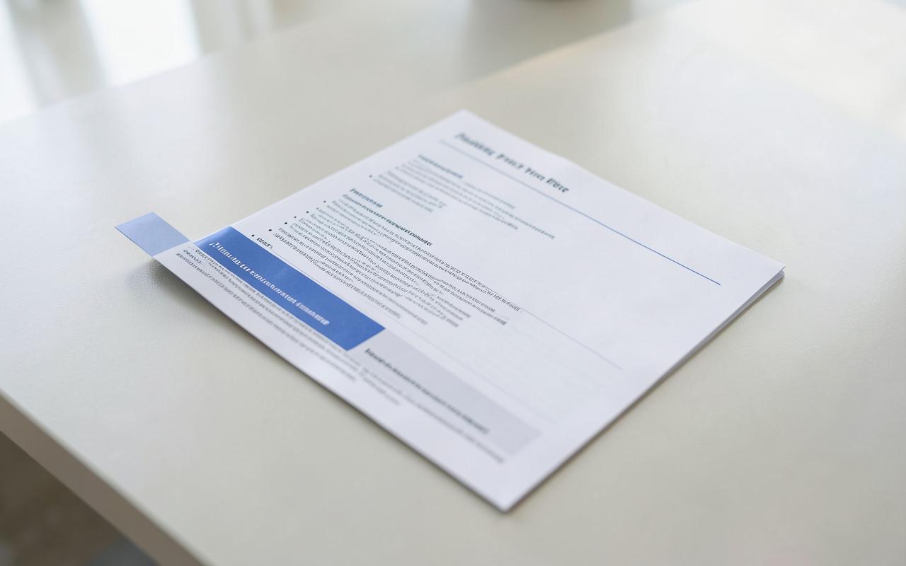 A short printed policy briefing document with tabbed sections on a desk.