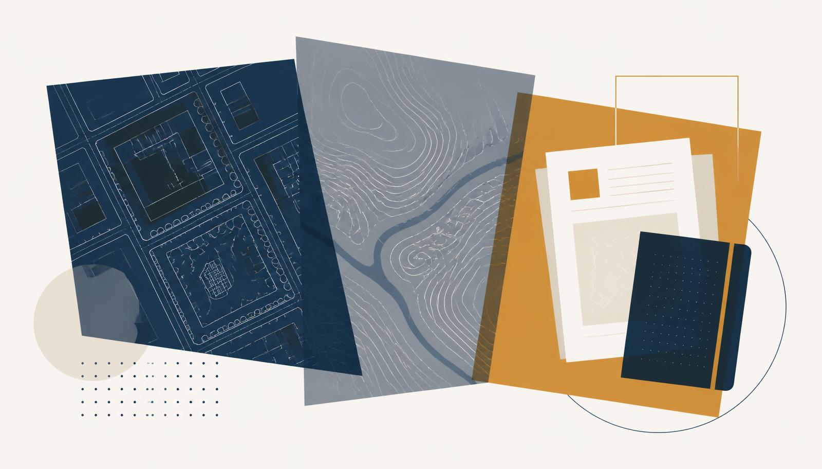 Abstract illustration of a site plan, contour mapping and technical documents representing collaboration, learning and professional contribution
