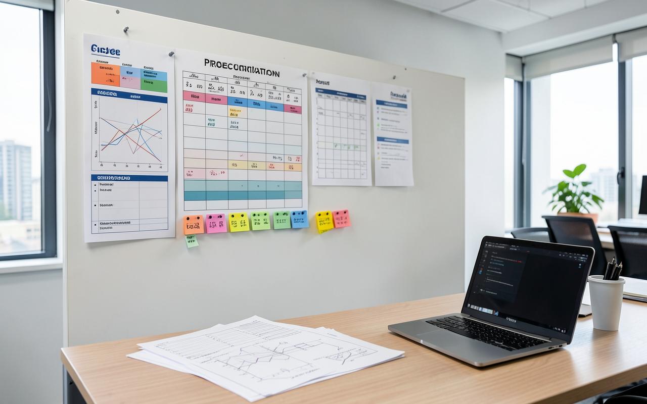 Project coordination wall with a printed programme, task board and drawing register sheets