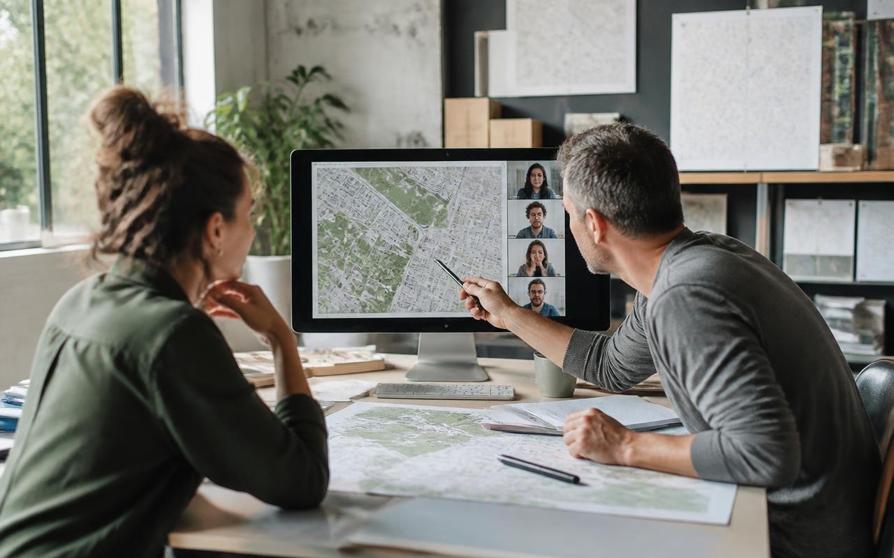 Two planners reviewing a city map on screen while colleagues join by video call in a daylit studio.