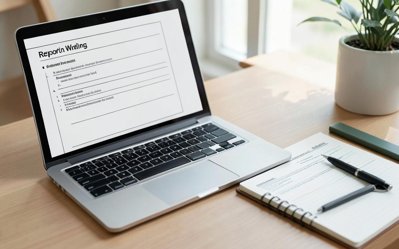 A report outline on a laptop beside a notebook of structured headings.