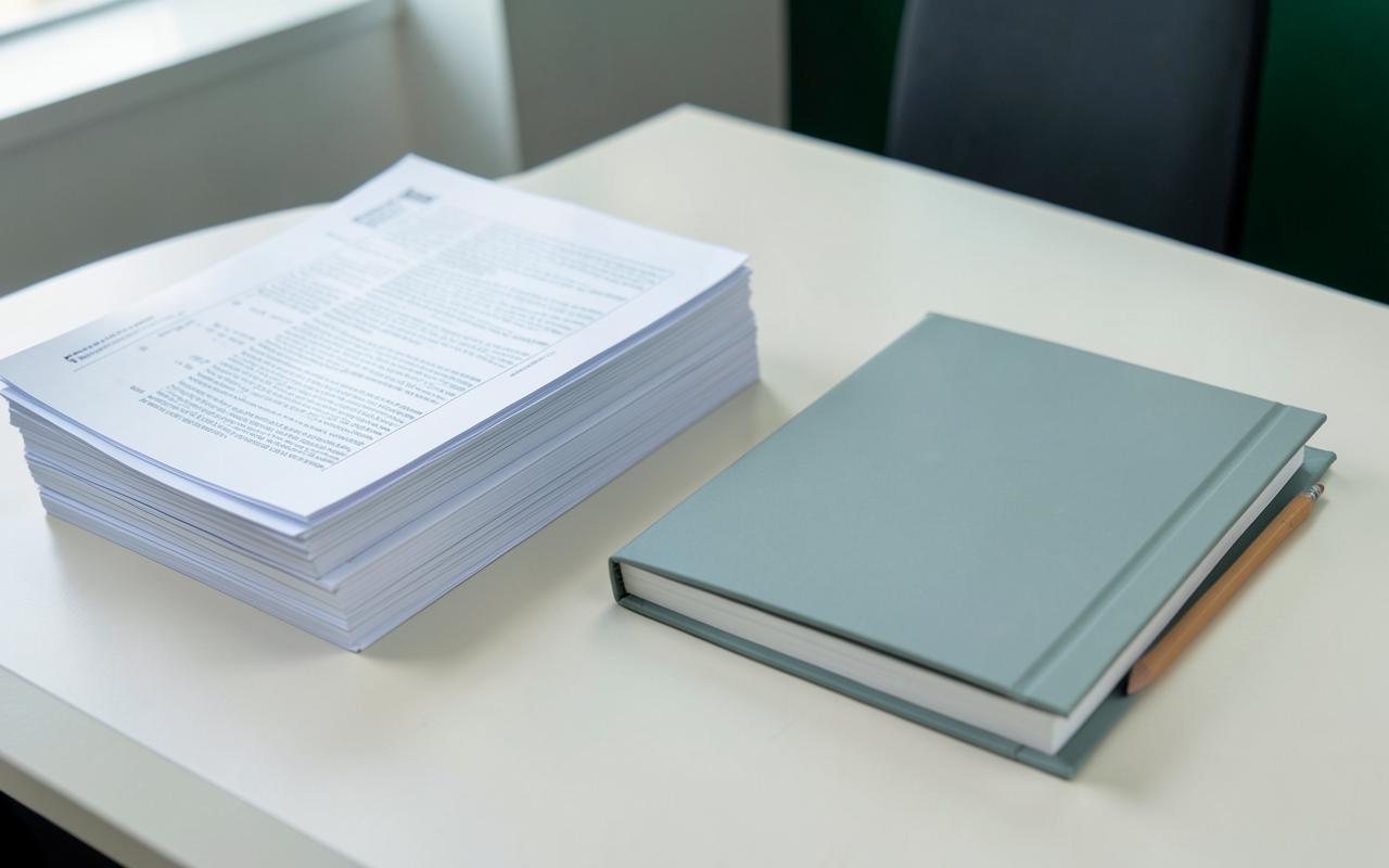 Stack of printed technical reports beside a plain bound publication and pencil on a light desk.