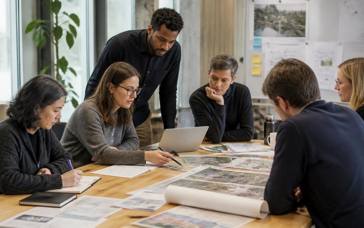 Multidisciplinary team reviewing printed maps, plans and reports around a studio table in daylight.