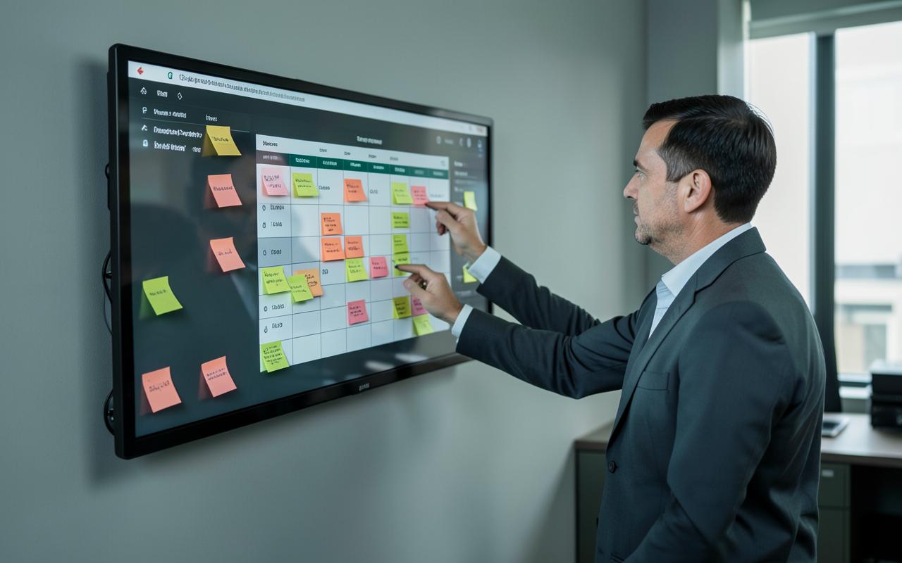 Two professionals reviewing a programme schedule displayed on a wall-mounted screen with annotated notes.