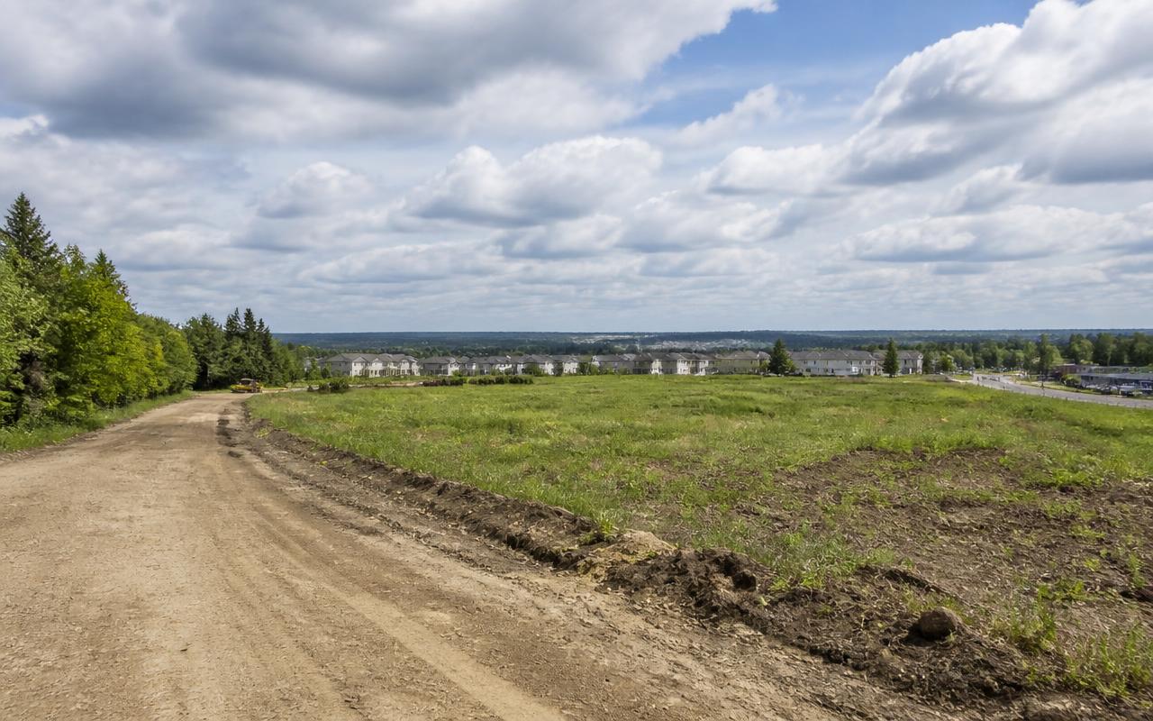Open development site on the edge of a growing town, with a graded access track, grassland and housing beyond.