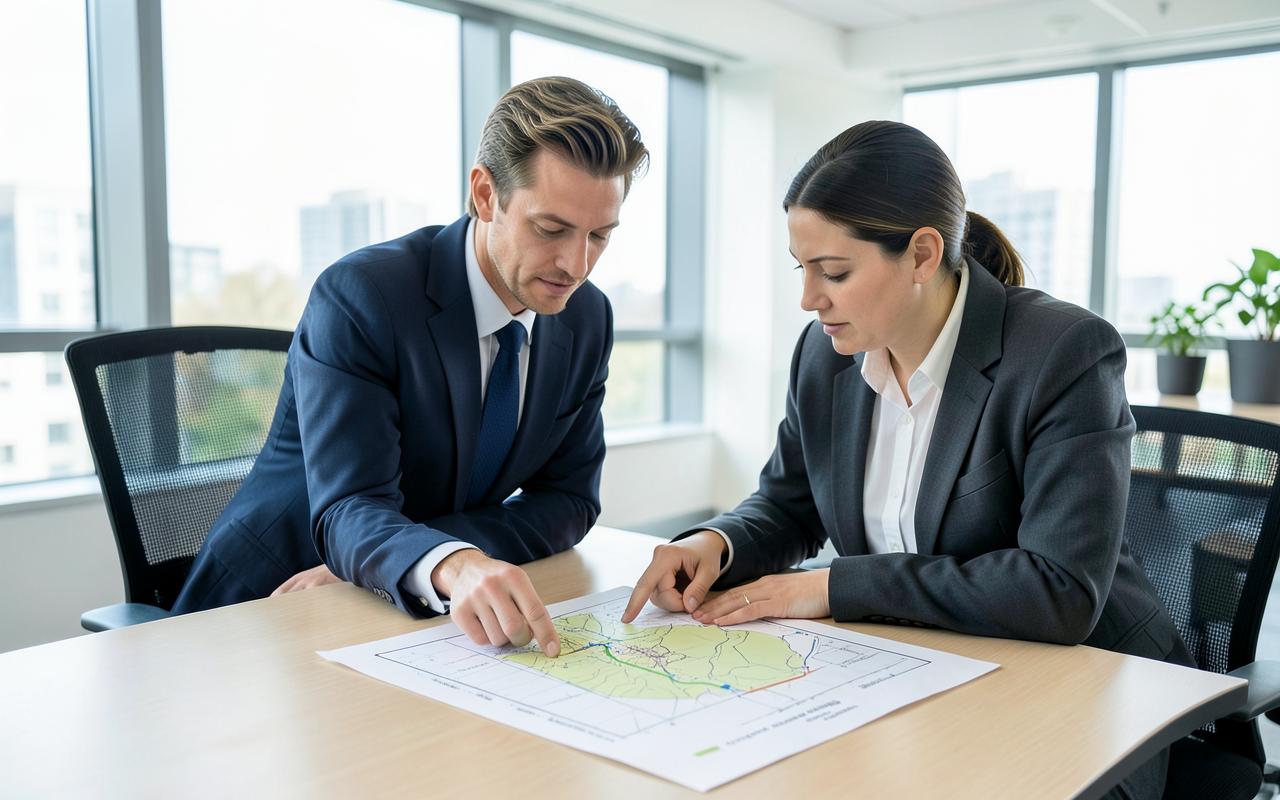 Two professionals reviewing a printed site constraints and topography plan together