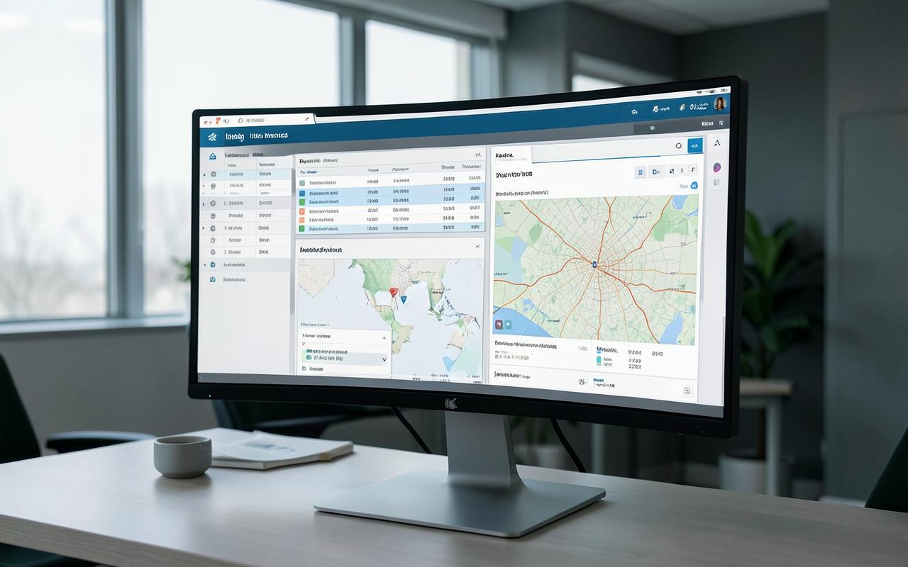 Wide monitor showing a spatial data dashboard with parcel tables, layered map panes and query results in a daylit office.