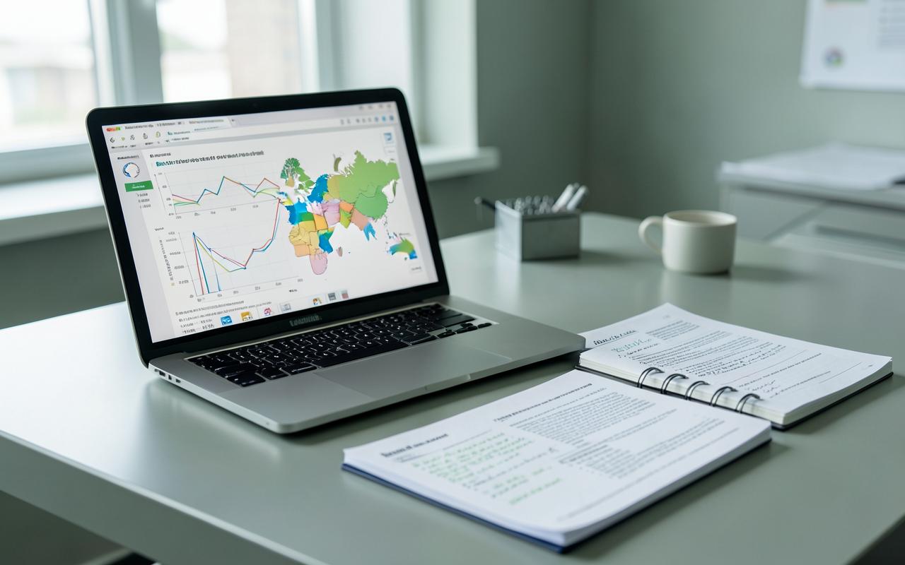 Research workspace with statistical charts, a thematic map on screen and printed policy papers