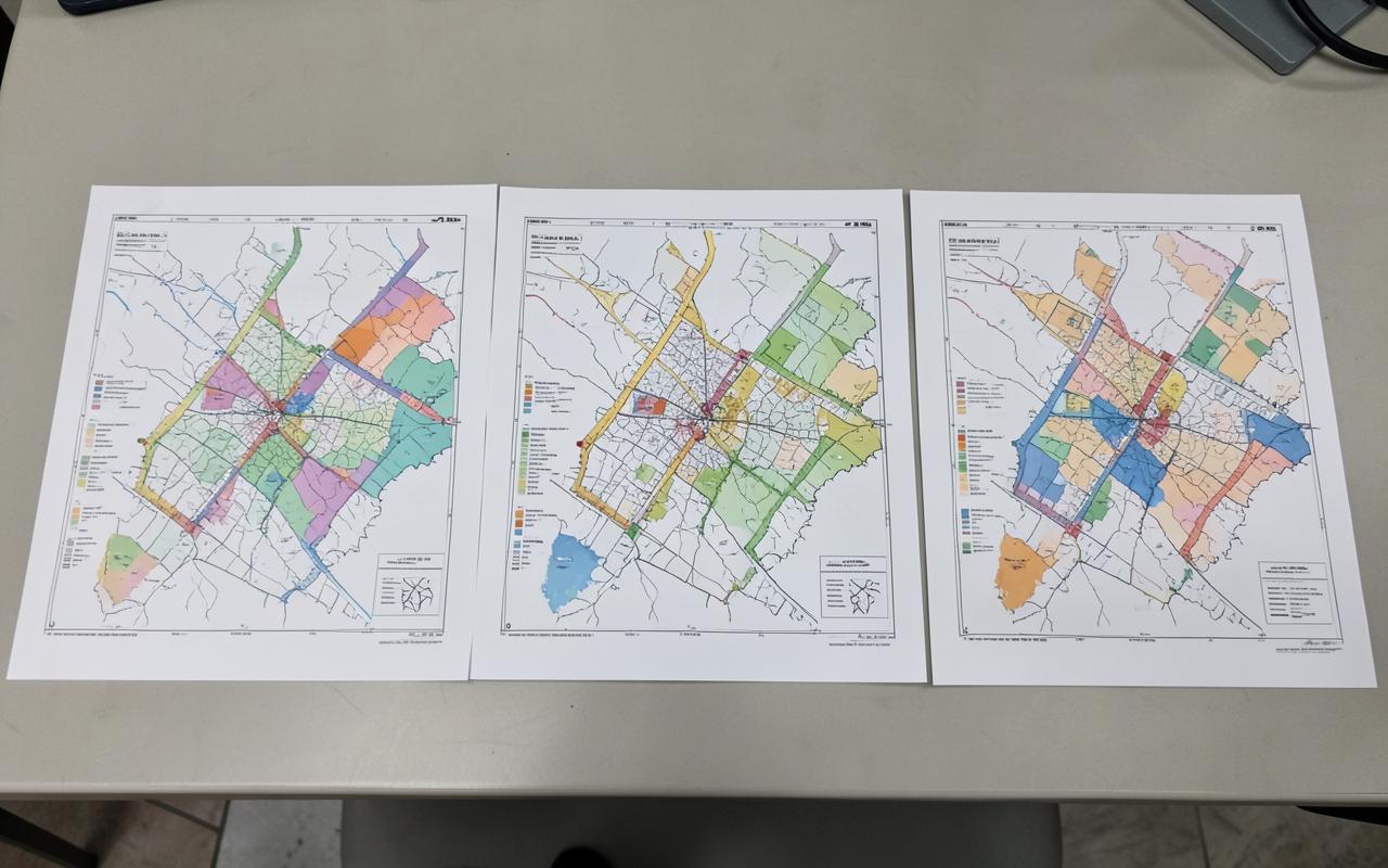 A series of printed thematic planning maps laid out side by side on a table.