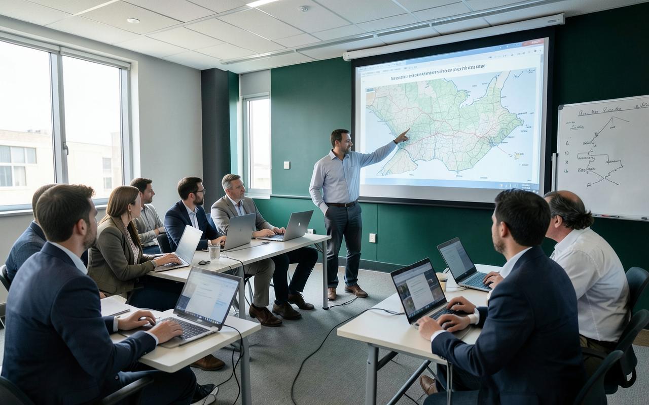 Professionals working on laptops in a seminar room while a facilitator presents a map on a projection screen.