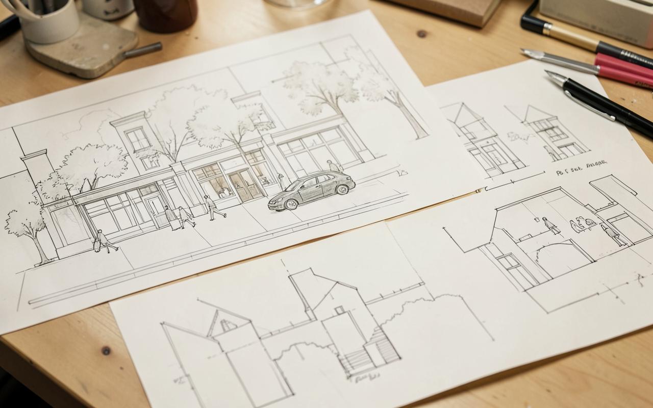 Street frontage and figure-ground study sketches spread across a design desk.