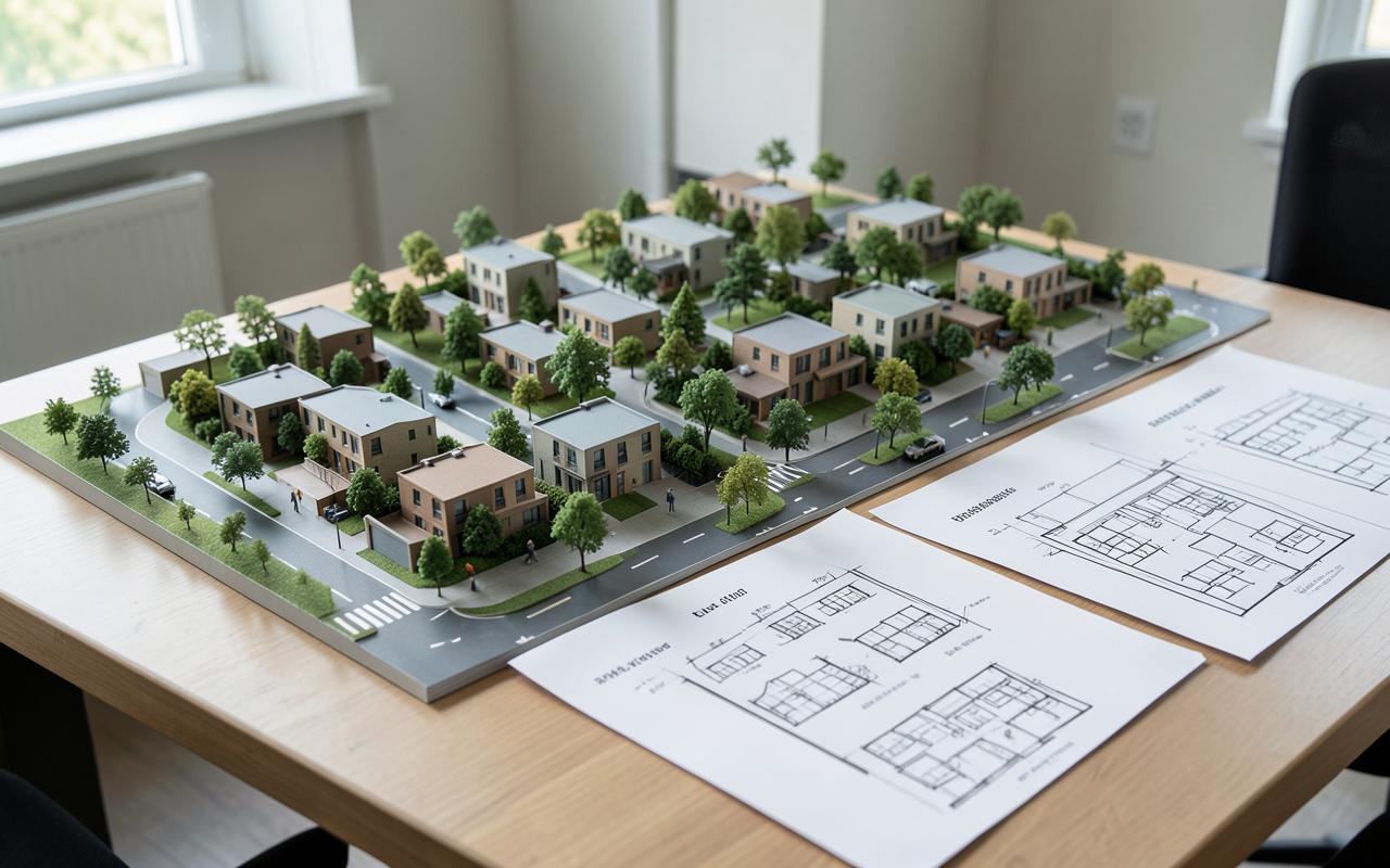 Physical scale model of a walkable mixed-use neighbourhood beside street drawings